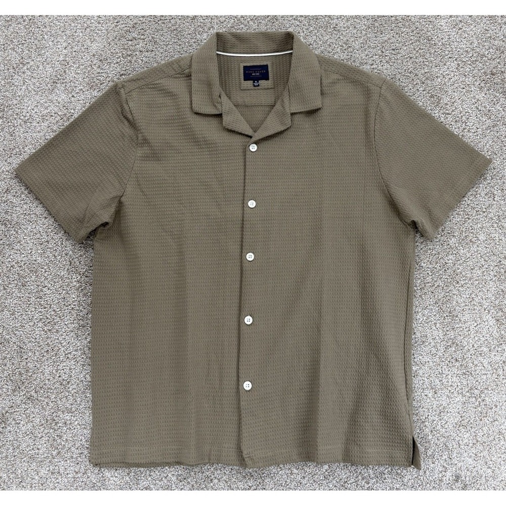 Marc Asher NY Textured Knit Button Up Shirt Mens XL Khaki Green SS Resort Luxury